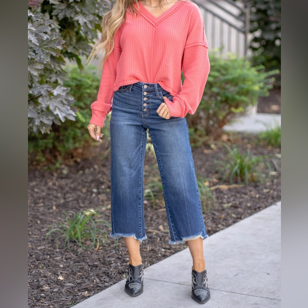 {Judy Blue} "High Rise Button Fly Wide Crop" Distressed Hem Stretch Denim Jeans